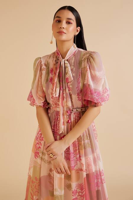 Shop Pankaj & Nidhi Multi Color Chiffon Collared Arch Art Nouveau Print Maxi Dress With Belt Online at Aza Fashions Shop_Pankaj & Nidhi_Multi Color Chiffon Collared Arch Art Nouveau Print Maxi Dress With Belt _Online_at_Aza_Fashions