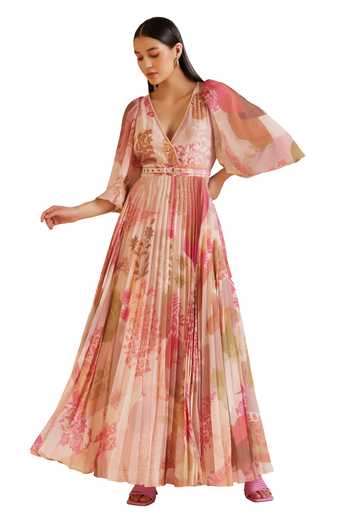 Pankaj & Nidhi_Multi Color Chiffon Arch Baroque Fleur Print Pleated Maxi Dress With Belt _Online_at_Aza_Fashions
