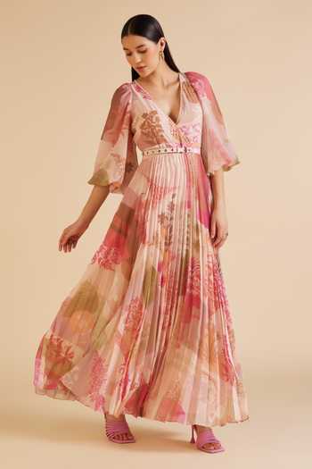 Buy_Pankaj & Nidhi_Multi Color Chiffon Arch Baroque Fleur Print Pleated Maxi Dress With Belt _Online_at_Aza_Fashions
