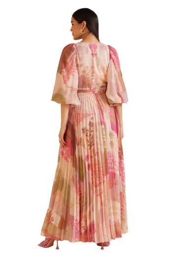 Shop_Pankaj & Nidhi_Multi Color Chiffon Arch Baroque Fleur Print Pleated Maxi Dress With Belt _Online_at_Aza_Fashions