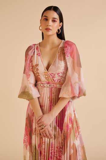 Pankaj & Nidhi_Multi Color Chiffon Arch Baroque Fleur Print Pleated Maxi Dress With Belt _at_Aza_Fashions