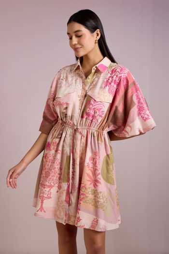 Pankaj & Nidhi_Multi Color Linen Sequins Collared Arch Folklore Bloom Print Short Shirt Dress _Online_at_Aza_Fashions