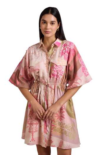 Buy_Pankaj & Nidhi_Multi Color Linen Sequins Collared Arch Folklore Bloom Print Short Shirt Dress _Online_at_Aza_Fashions