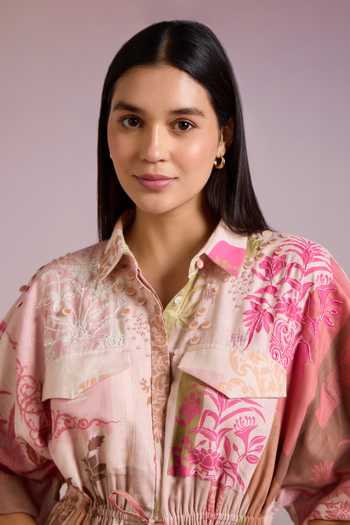 Shop_Pankaj & Nidhi_Multi Color Linen Sequins Collared Arch Folklore Bloom Print Short Shirt Dress _Online_at_Aza_Fashions