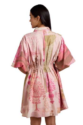 Pankaj & Nidhi_Multi Color Linen Sequins Collared Arch Folklore Bloom Print Short Shirt Dress _at_Aza_Fashions