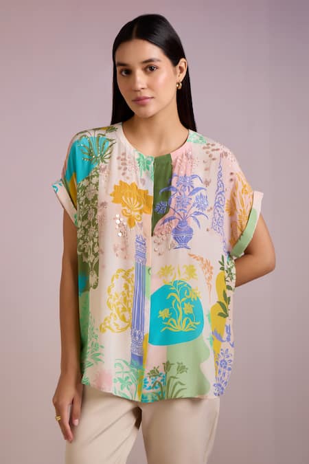 Pankaj & Nidhi Multi Color Silk Crepe Print Damask Bloom Round Neck Arch Boxy Top 