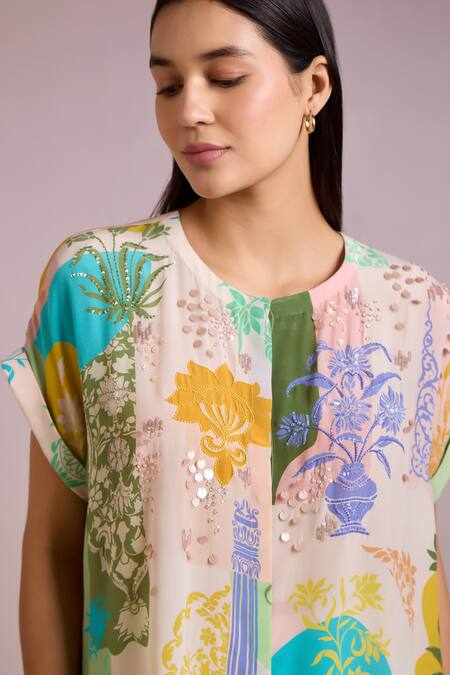 Pankaj & Nidhi Multi Color Silk, Crepe Sequins Round Neck Arch Damask Bloom Print Boxy Top Online at Aza Fashions Pankaj & Nidhi_Multi Color Silk, Crepe Sequins Round Neck Arch Damask Bloom Print Boxy Top _Online_at_Aza_Fashions