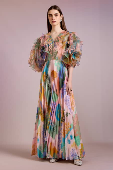 Pankaj & Nidhi Multi Color Organza Print Floral Art V Neck Arch Pleated Maxi Dress 