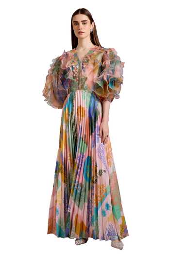 Pankaj & Nidhi_Multi Color Organza, Satin Embroidery, Arch Floral Art Print Pleated Maxi Dress _Online_at_Aza_Fashions