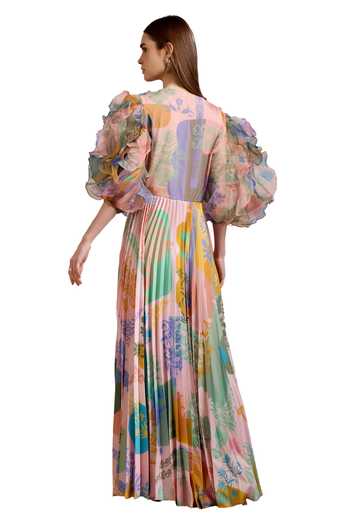 Buy_Pankaj & Nidhi_Multi Color Organza, Satin Embroidery, Arch Floral Art Print Pleated Maxi Dress _Online_at_Aza_Fashions
