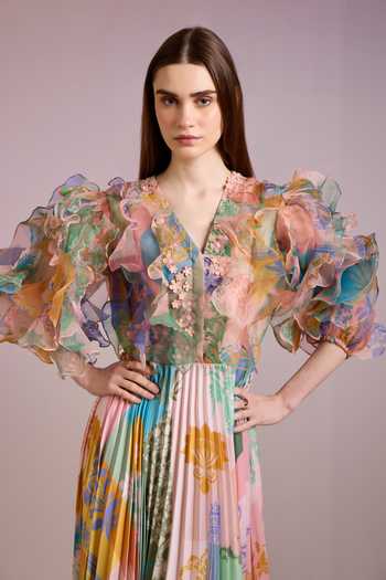Shop_Pankaj & Nidhi_Multi Color Organza, Satin Embroidery, Arch Floral Art Print Pleated Maxi Dress _Online_at_Aza_Fashions