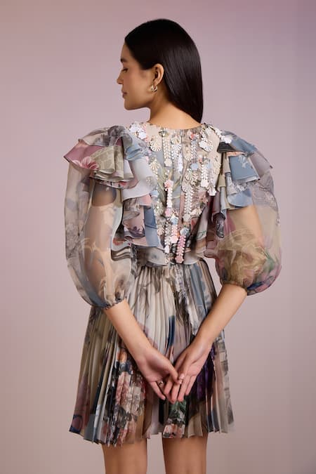 Shop Pankaj & Nidhi Multi Color Organza, Cora Botanic Floral Print Ruffle Pleated Short Dress at Aza Fashions Shop_Pankaj & Nidhi_Multi Color Organza, Cora Botanic Floral Print Ruffle Pleated Short Dress _at_Aza_Fashions