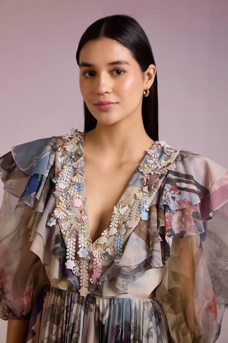 Buy Pankaj & Nidhi Multi Color Organza, Cora Botanic Floral Print Ruffle Pleated Short Dress Online at Aza Fashions Buy_Pankaj & Nidhi_Multi Color Organza, Cora Botanic Floral Print Ruffle Pleated Short Dress _Online_at_Aza_Fashions