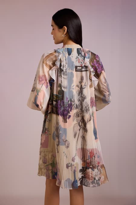 Shop Pankaj & Nidhi Multi Color Chiffon Mandarin Cora Botanic Print Accordion Pleated Short Dress at Aza Fashions Shop_Pankaj & Nidhi_Multi Color Chiffon Mandarin Cora Botanic Print Accordion Pleated Short Dress _at_Aza_Fashions