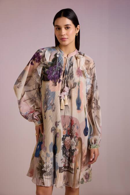 Pankaj & Nidhi Multi Color Chiffon Mandarin Cora Botanic Print Accordion Pleated Short Dress Online at Aza Fashions Pankaj & Nidhi_Multi Color Chiffon Mandarin Cora Botanic Print Accordion Pleated Short Dress _Online_at_Aza_Fashions