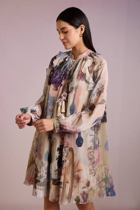 Buy Pankaj & Nidhi Multi Color Chiffon Mandarin Cora Botanic Print Accordion Pleated Short Dress Online at Aza Fashions Buy_Pankaj & Nidhi_Multi Color Chiffon Mandarin Cora Botanic Print Accordion Pleated Short Dress _Online_at_Aza_Fashions