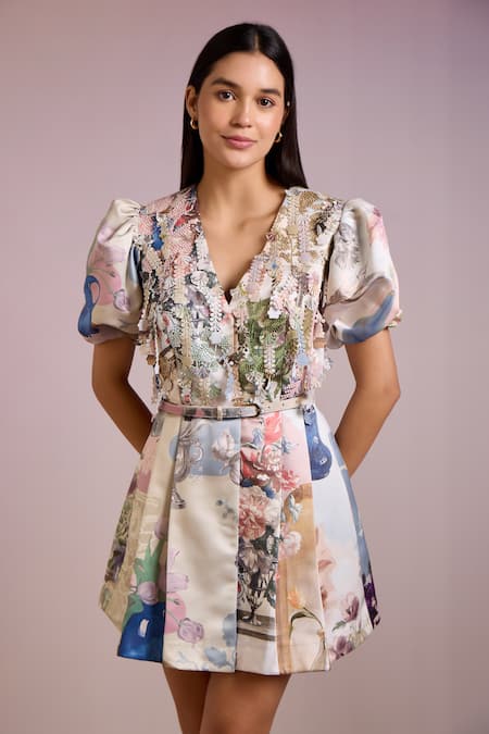 Pankaj & Nidhi Cora Persian Bloom Print Sequin Embellished Dress With Belt 