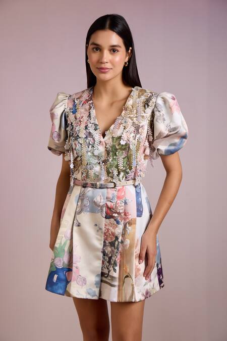 Pankaj & Nidhi Multi Color Silk Sequins Cora Persian Bloom Print Embellished Dress With Belt Online at Aza Fashions Pankaj & Nidhi_Multi Color Silk Sequins Cora Persian Bloom Print Embellished Dress With Belt _Online_at_Aza_Fashions