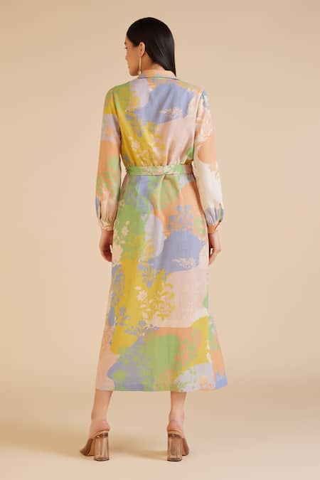 Shop Pankaj & Nidhi Multi Color Linen Cusp French Bloom Print Box Pleated Midi Dress With Belt at Aza Fashions Shop_Pankaj & Nidhi_Multi Color Linen Cusp French Bloom Print Box Pleated Midi Dress With Belt _at_Aza_Fashions