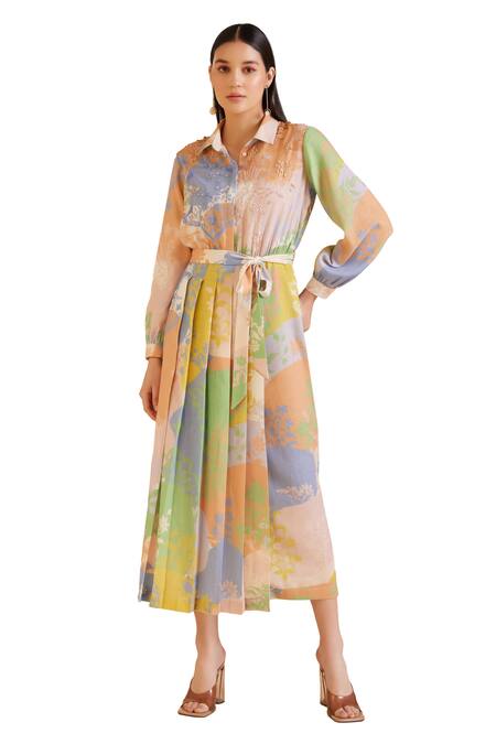 Pankaj & Nidhi Multi Color Linen Cusp French Bloom Print Box Pleated Midi Dress With Belt Online at Aza Fashions Pankaj & Nidhi_Multi Color Linen Cusp French Bloom Print Box Pleated Midi Dress With Belt _Online_at_Aza_Fashions