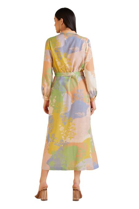 Buy Pankaj & Nidhi Multi Color Linen Cusp French Bloom Print Box Pleated Midi Dress With Belt Online at Aza Fashions Buy_Pankaj & Nidhi_Multi Color Linen Cusp French Bloom Print Box Pleated Midi Dress With Belt _Online_at_Aza_Fashions