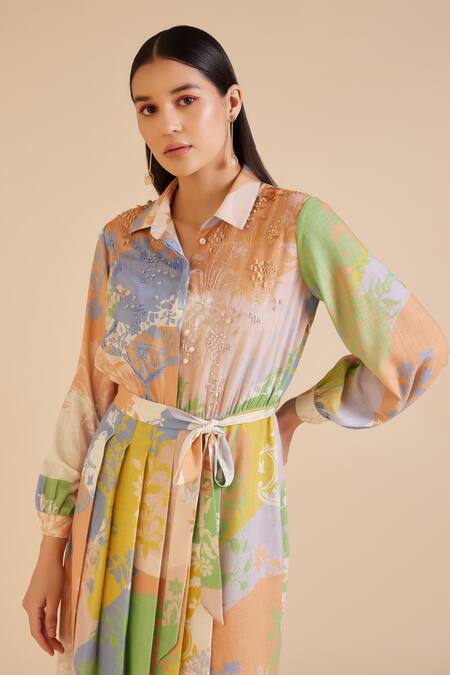 Shop Pankaj & Nidhi Multi Color Linen Cusp French Bloom Print Box Pleated Midi Dress With Belt Online at Aza Fashions Shop_Pankaj & Nidhi_Multi Color Linen Cusp French Bloom Print Box Pleated Midi Dress With Belt _Online_at_Aza_Fashions