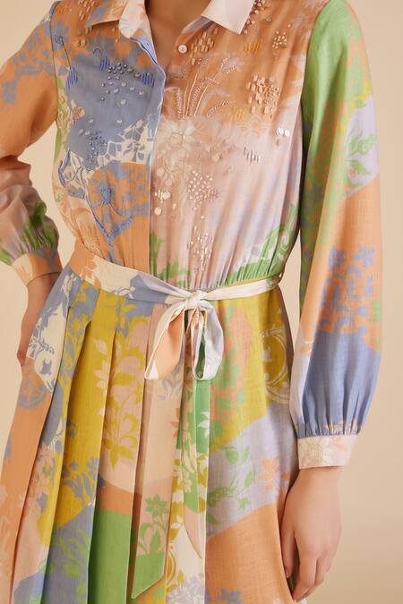 Pankaj & Nidhi Multi Color Linen Cusp French Bloom Print Box Pleated Midi Dress With Belt at Aza Fashions Pankaj & Nidhi_Multi Color Linen Cusp French Bloom Print Box Pleated Midi Dress With Belt _at_Aza_Fashions