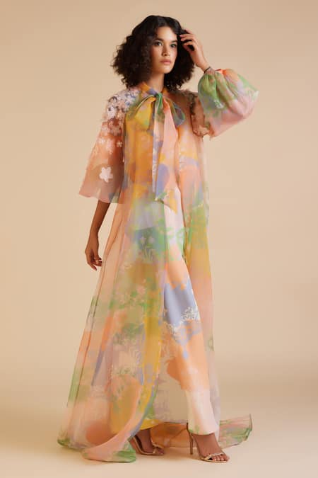 Pankaj & Nidhi Multi Color Organza Print French Blossom Cusp Cape With Inner Dress  