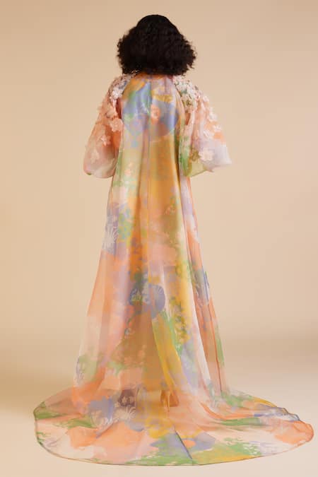 Shop_Pankaj & Nidhi_Multi Color Cusp French Blossom Print Cape With Inner Dress _at_Aza_Fashions