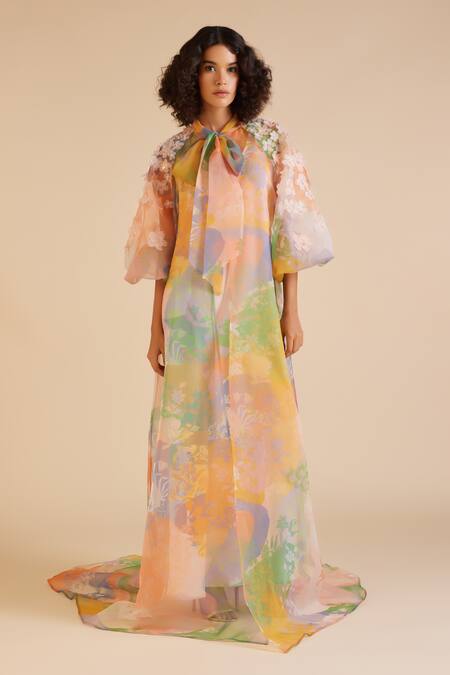 Pankaj & Nidhi_Multi Color Cusp French Blossom Print Cape With Inner Dress _Online_at_Aza_Fashions