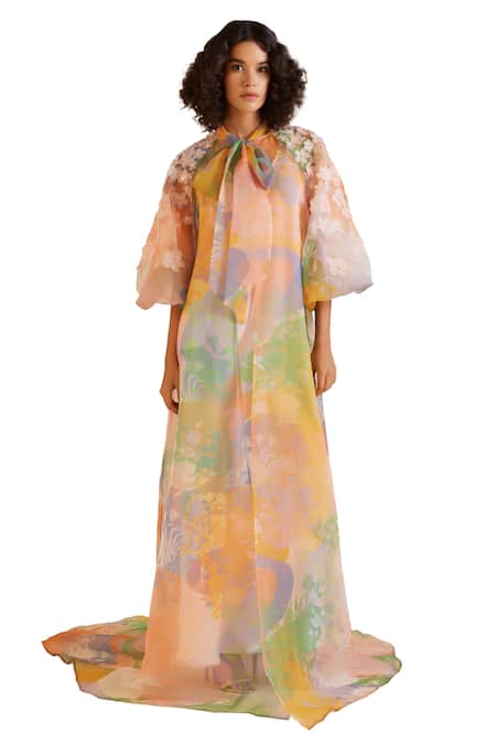 Buy_Pankaj & Nidhi_Multi Color Cusp French Blossom Print Cape With Inner Dress _Online_at_Aza_Fashions