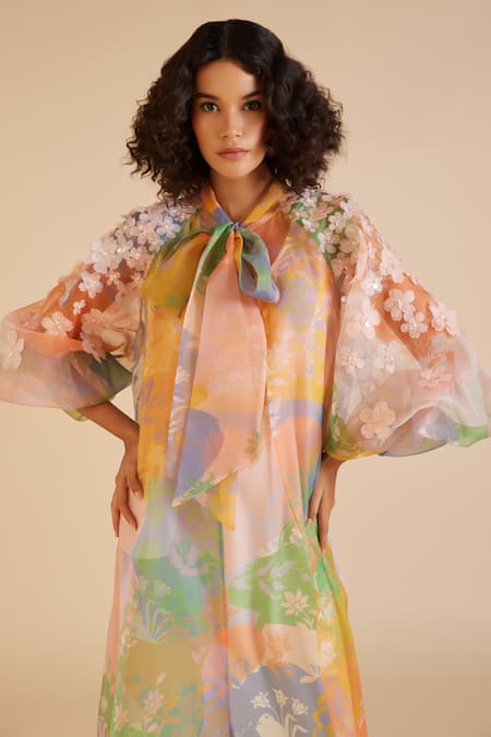 Shop_Pankaj & Nidhi_Multi Color Cusp French Blossom Print Cape With Inner Dress _Online_at_Aza_Fashions