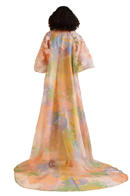 Pankaj & Nidhi_Multi Color Cusp French Blossom Print Cape With Inner Dress _at_Aza_Fashions
