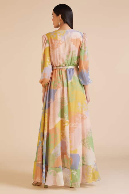Shop_Pankaj & Nidhi_Multi Color Chiffon Sequins V-neck Cusp Blossom Era Print Maxi Dress With Belt _at_Aza_Fashions