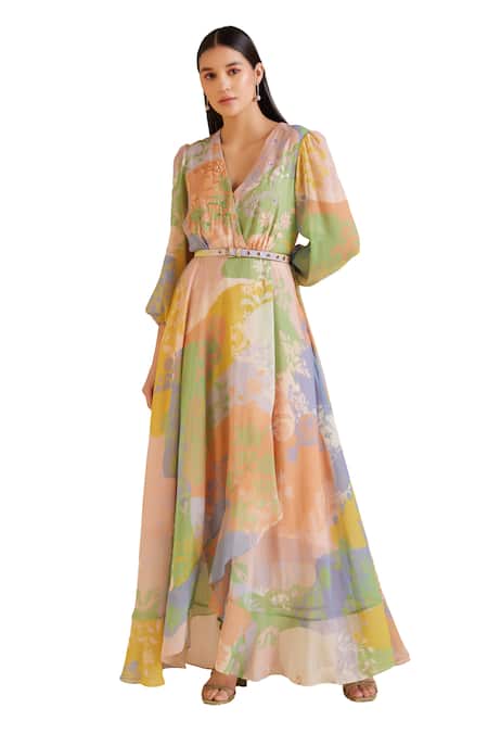Pankaj & Nidhi_Multi Color Chiffon Sequins V-neck Cusp Blossom Era Print Maxi Dress With Belt _Online_at_Aza_Fashions