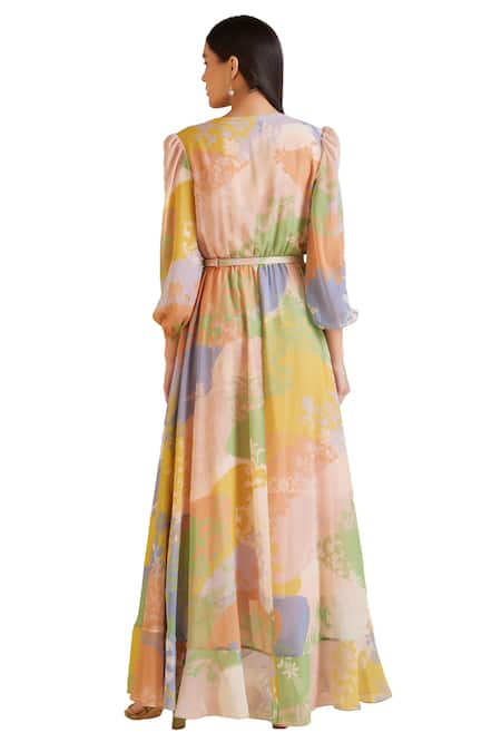 Buy_Pankaj & Nidhi_Multi Color Chiffon Sequins V-neck Cusp Blossom Era Print Maxi Dress With Belt _Online_at_Aza_Fashions