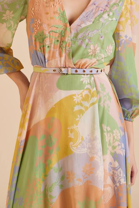 Shop_Pankaj & Nidhi_Multi Color Chiffon Sequins V-neck Cusp Blossom Era Print Maxi Dress With Belt _Online_at_Aza_Fashions