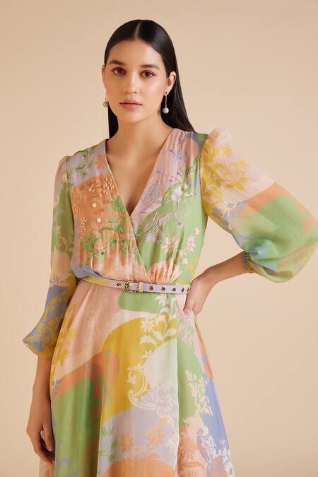Pankaj & Nidhi_Multi Color Chiffon Sequins V-neck Cusp Blossom Era Print Maxi Dress With Belt _at_Aza_Fashions