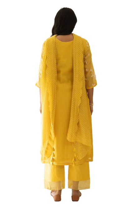 Shop_Vaayu_Yellow Muslin Embroidery Round Neck Bloom Kurta Pant Set _Online_at_Aza_Fashions