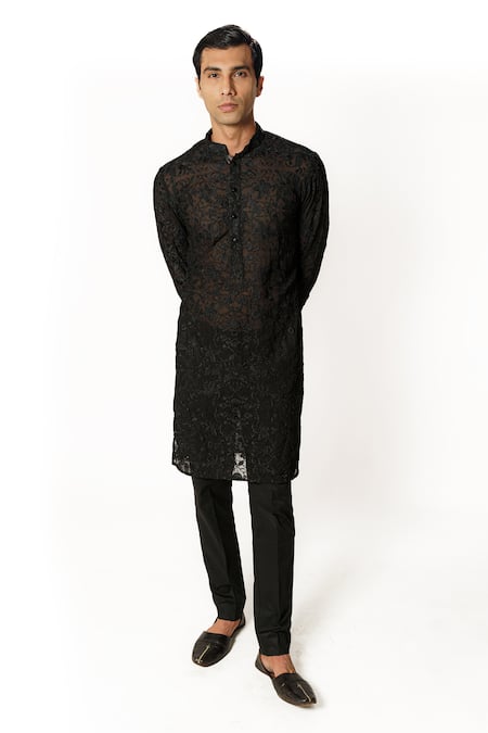 Rabani & Rakha Black Georgette, Cotton, Silk Embroidery Floral Kurta And Pant Set 