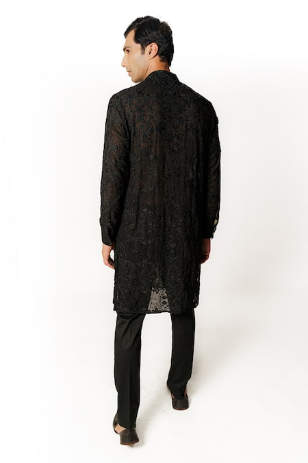 Shop Rabani & Rakha Black Georgette, Cotton, Silk Embroidery Floral Kurta And Pant Set at Aza Fashions Shop_Rabani & Rakha_Black Georgette, Cotton, Silk Embroidery Floral Kurta And Pant Set _at_Aza_Fashions