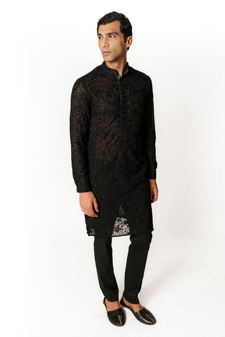 Shop Rabani & Rakha Black Georgette, Cotton, Silk Embroidery Floral Kurta And Pant Set Online at Aza Fashions Shop_Rabani & Rakha_Black Georgette, Cotton, Silk Embroidery Floral Kurta And Pant Set _Online_at_Aza_Fashions