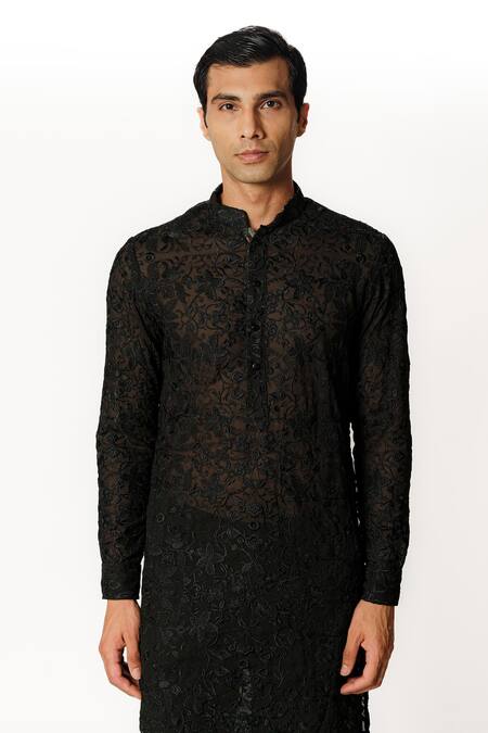 Rabani & Rakha Black Georgette, Cotton, Silk Embroidery Floral Kurta And Pant Set at Aza Fashions Rabani & Rakha_Black Georgette, Cotton, Silk Embroidery Floral Kurta And Pant Set _at_Aza_Fashions