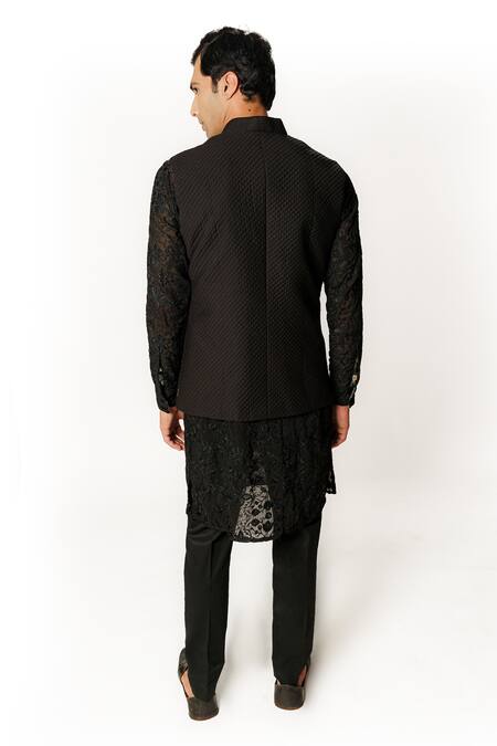 Shop Rabani & Rakha Black Cotton, Georgette, Silk Embroidery Quilted Bundi And Floral Kurta Set at Aza Fashions Shop_Rabani & Rakha_Black Cotton, Georgette, Silk Embroidery Quilted Bundi And Floral Kurta Set _at_Aza_Fashions