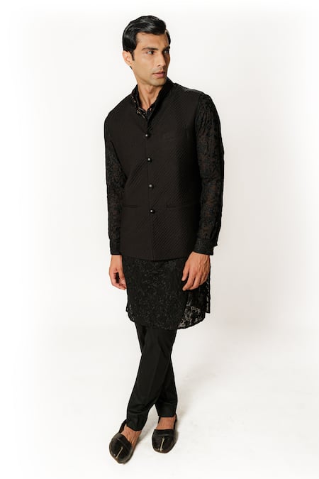 Rabani & Rakha Black Cotton, Georgette, Silk Embroidery Quilted Bundi And Floral Kurta Set Online at Aza Fashions Rabani & Rakha_Black Cotton, Georgette, Silk Embroidery Quilted Bundi And Floral Kurta Set _Online_at_Aza_Fashions