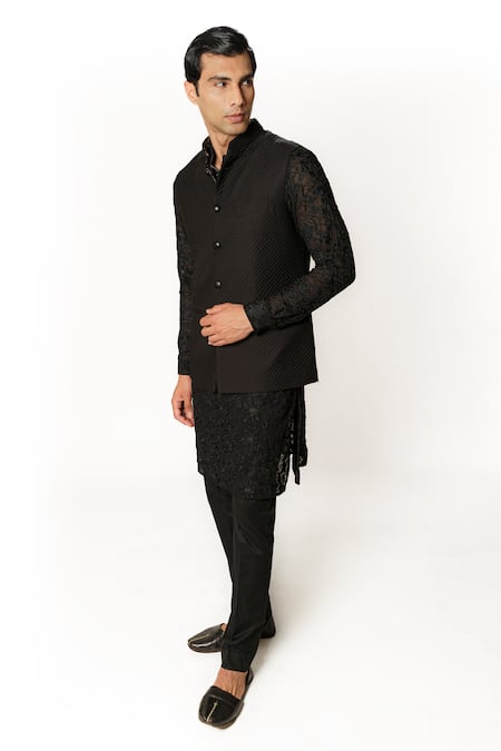 Shop Rabani & Rakha Black Cotton, Georgette, Silk Embroidery Quilted Bundi And Floral Kurta Set Online at Aza Fashions Shop_Rabani & Rakha_Black Cotton, Georgette, Silk Embroidery Quilted Bundi And Floral Kurta Set _Online_at_Aza_Fashions