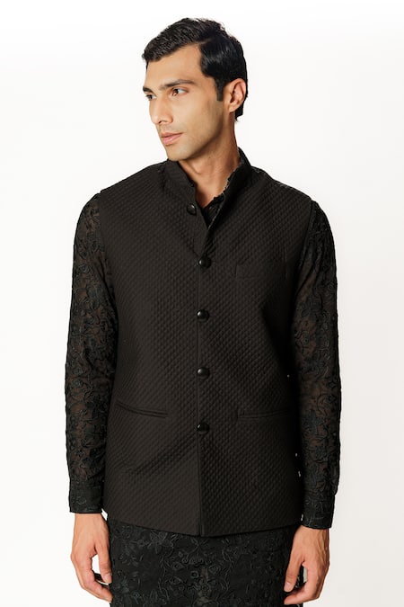 Rabani & Rakha Black Cotton, Georgette, Silk Embroidery Quilted Bundi And Floral Kurta Set at Aza Fashions Rabani & Rakha_Black Cotton, Georgette, Silk Embroidery Quilted Bundi And Floral Kurta Set _at_Aza_Fashions