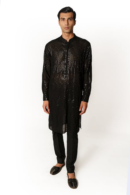 Rabani & Rakha Black Georgette, Cotton Satin, Cotton, Silk Sequins Embroidered Kurta And Pant Set 