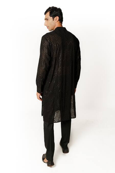 Shop Rabani & Rakha Black Georgette, Cotton Satin, Cotton, Silk Sequins Embroidered Kurta And Pant Set at Aza Fashions Shop_Rabani & Rakha_Black Georgette, Cotton Satin, Cotton, Silk Sequins Embroidered Kurta And Pant Set _at_Aza_Fashions