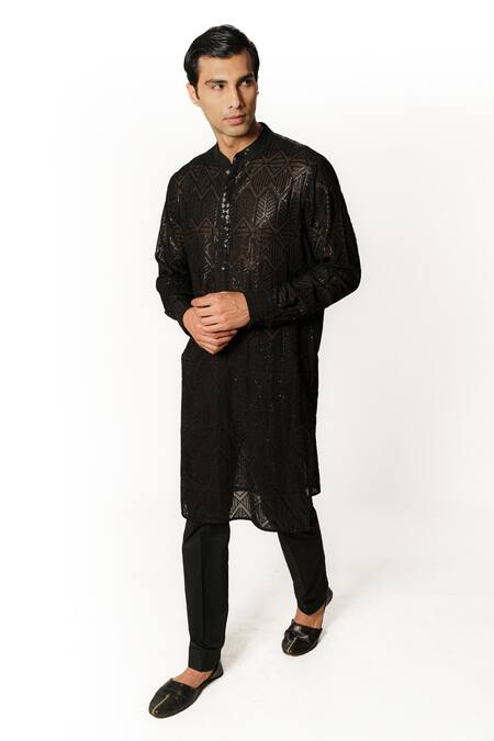 Shop Rabani & Rakha Black Georgette, Cotton Satin, Cotton, Silk Sequins Embroidered Kurta And Pant Set Online at Aza Fashions Shop_Rabani & Rakha_Black Georgette, Cotton Satin, Cotton, Silk Sequins Embroidered Kurta And Pant Set _Online_at_Aza_Fashions